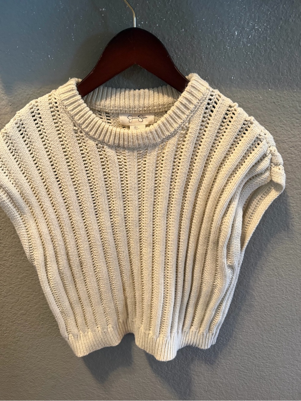 Jessica Simpson Fisherman Knit Sweater Vest Coastal Boho Cream L